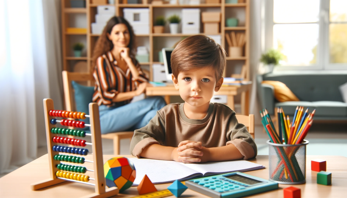 Topwitty - A young child sitting at a desk in a brightly lit room, looking thoughtfully at a math textbook. The desk is neatly organized with colorful math-relat