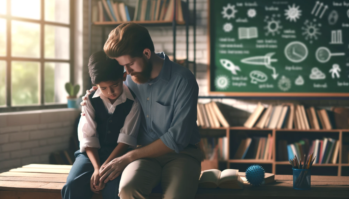 Topwitty - image that conveys the topic of bullying among children in a sensitive and non-graphic way. The scene depict a supportive environment